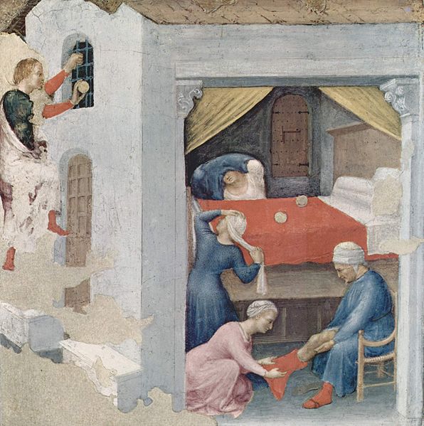 Sint Nicolaas gooit drie gouden bollen in de kamer van de meisjes, schilderij uit ca. 1425 door Gentile da Fabriano