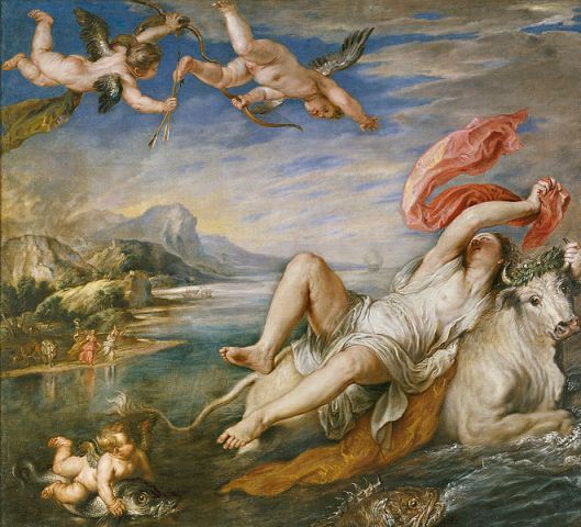 Toen Jupiter verliefd werd op de Fenicische prinses Europa, wist hij haar vermomd als witte stier te ontvoeren. Peter Paul Rubens (1628/9)
