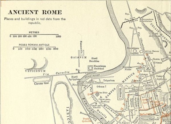 Kaart van Rome met de ligging van de oude Via Cornelia (uit: S.B. Platner, The Topography and Monuments of Ancient Rome, 1911)
