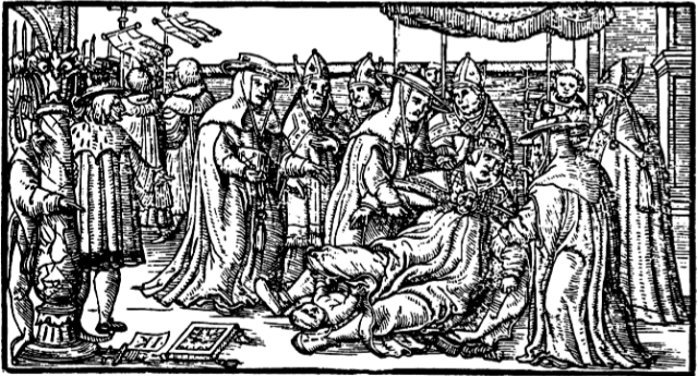 Publieke bevalling van pausin Johanna. Gravure uit Giovanni Boccacio's De Claris Mulieribus