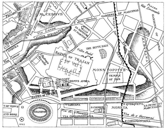 Ligging van ruïnes en opgravingen ten opzichte van de moderne plattegrond van Rome (kaart uit 1897)