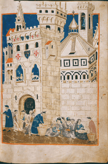 Domenico Benzi De armen die Siena zijn uitgezet da Siena worden opgevangen in Florence (1335-1347) Membranaceo;  Firenze, Biblioteca Medicea Laurenziana 