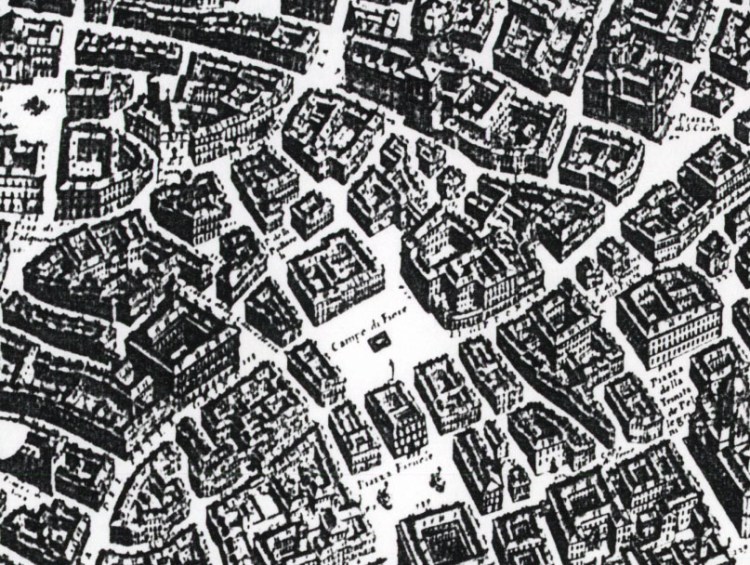 Het gebied van het Theater van Pompeius; detail van een kaart van Rome uit 1593 van Antonio Tesmpesta.