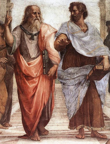 Aristoteles (rechts) met Plato (links), detail uit de De Atheense school, Rafaël